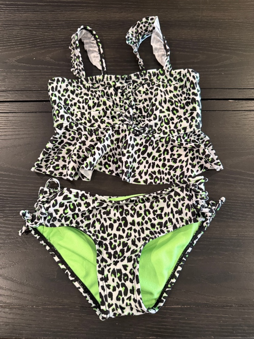 Girls' Green Leopard Print Tankini Swimsuit
